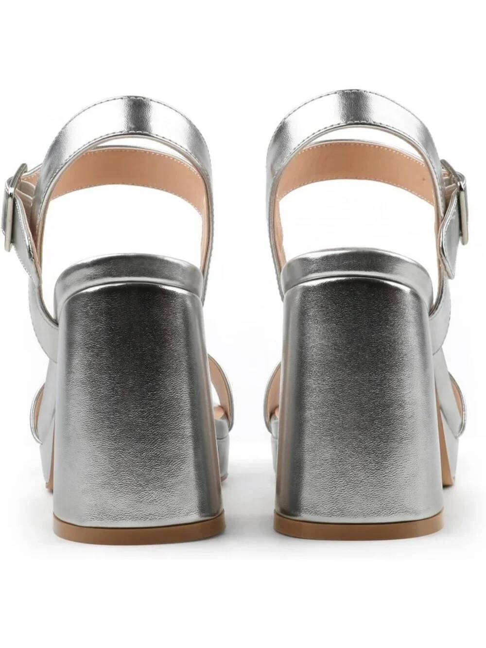 Women's Silver Square Open Toe Adjustable Ankle Strap Chunky Block Heel Sandals